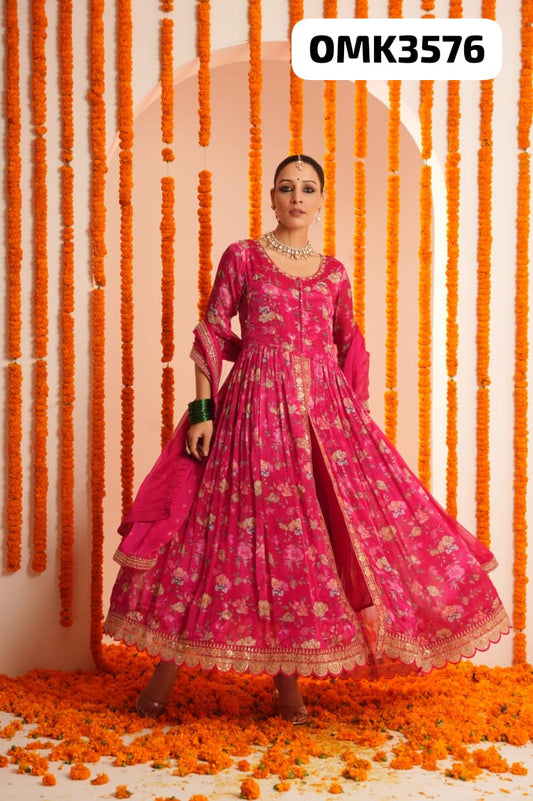 Hot pink pure chinnon front slit anarkali kurta set