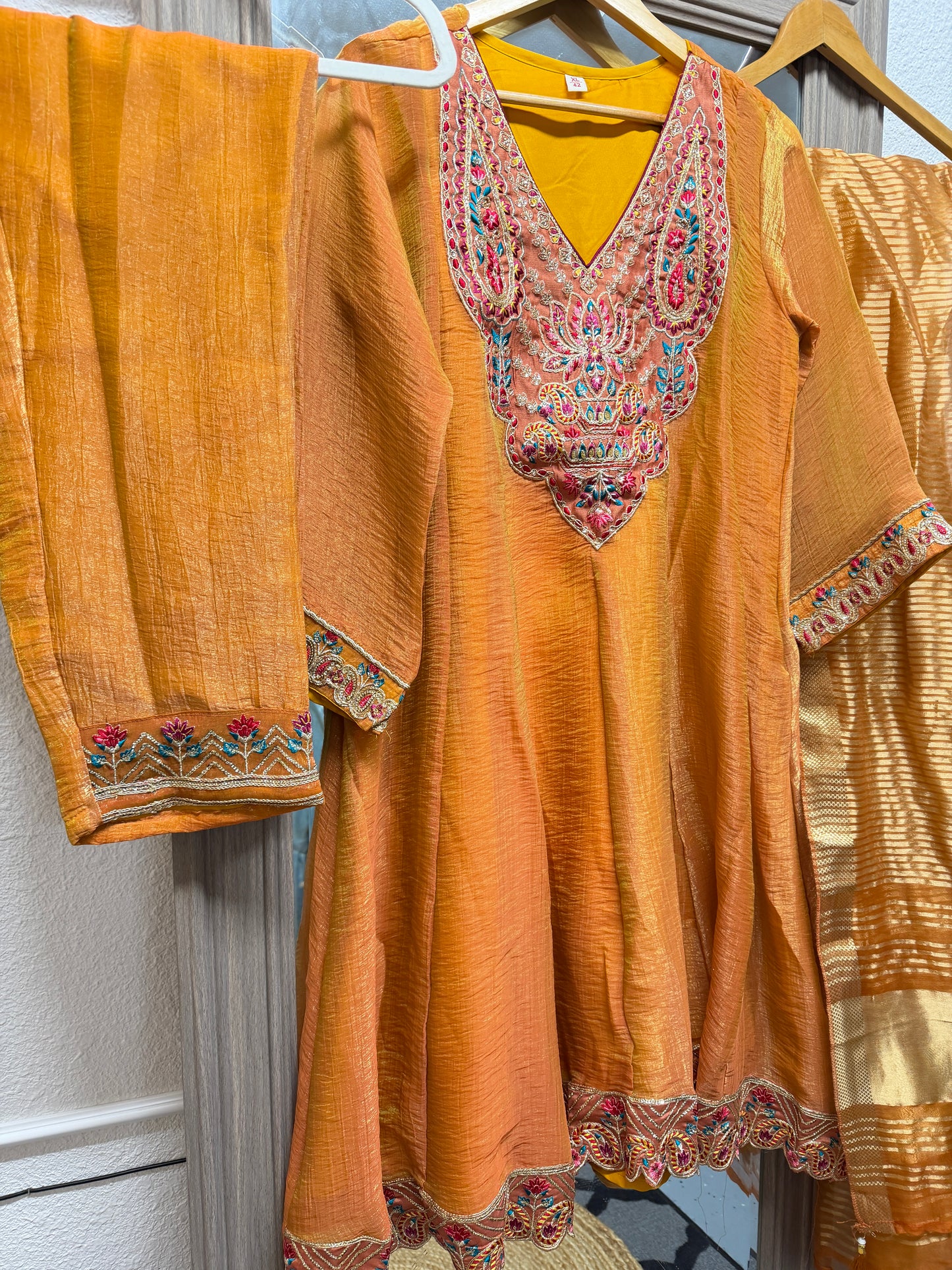 Mango embroidered fendy tissue short anarkali suit