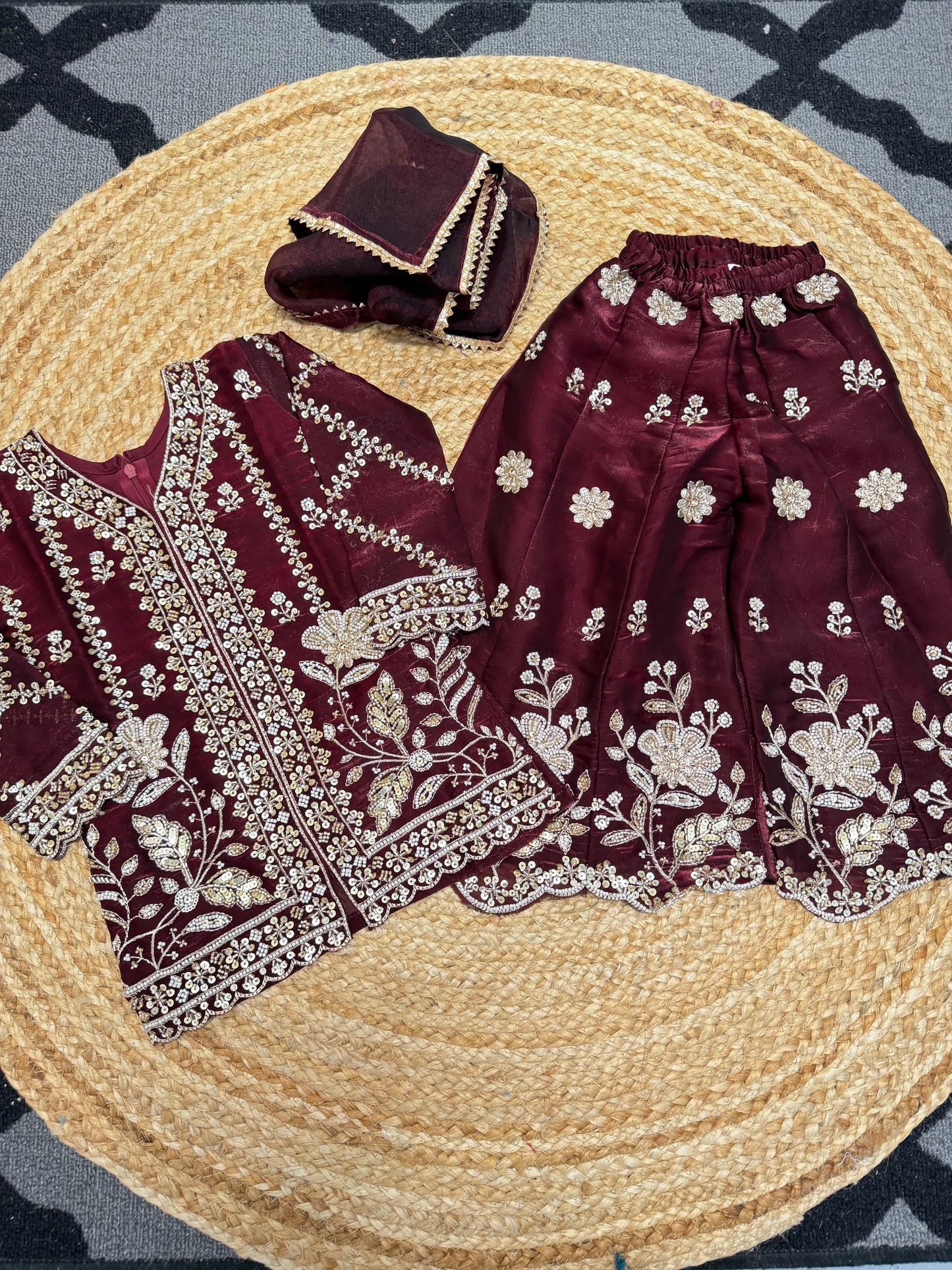 GirlsMaroon heavy handwork sharara suit