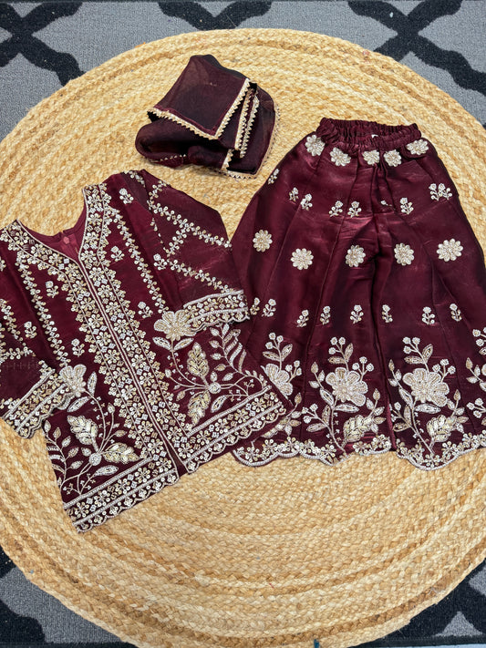 GirlsMaroon heavy handwork sharara suit