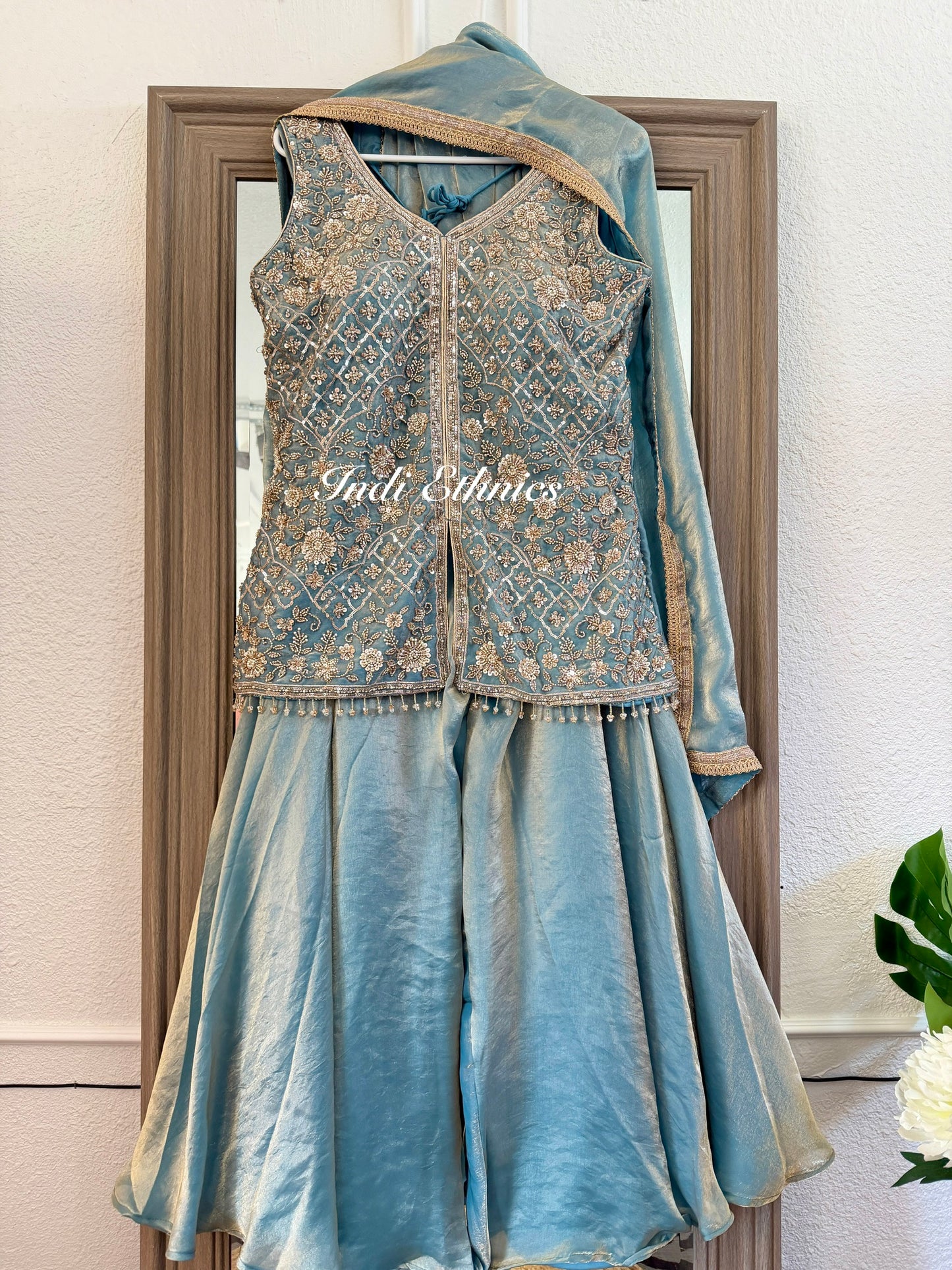 Ice blue heavy handwork (lightweight) fendy silk sharara suit