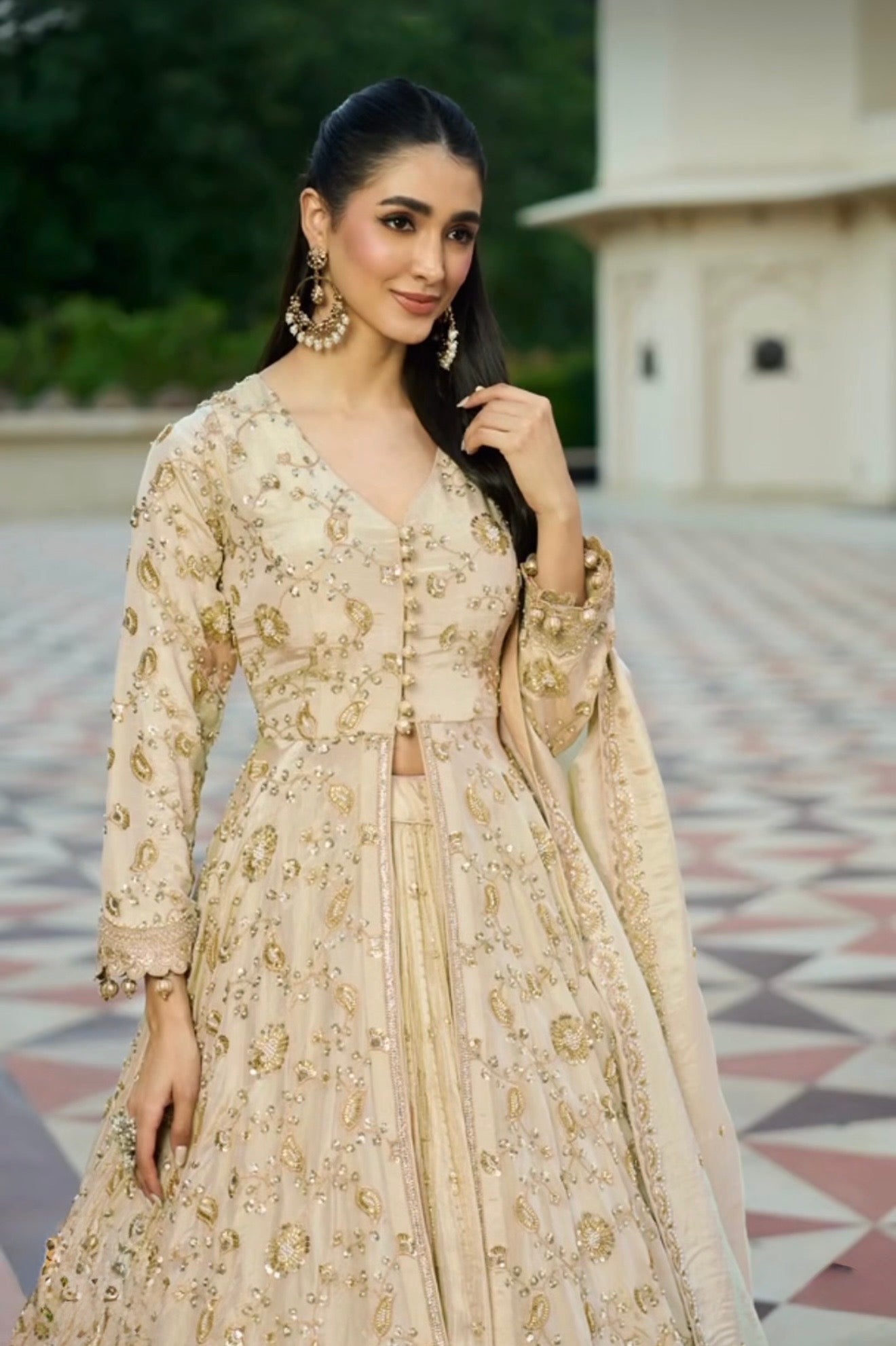 Golden heavy handwork tissue silk front slit lehenga