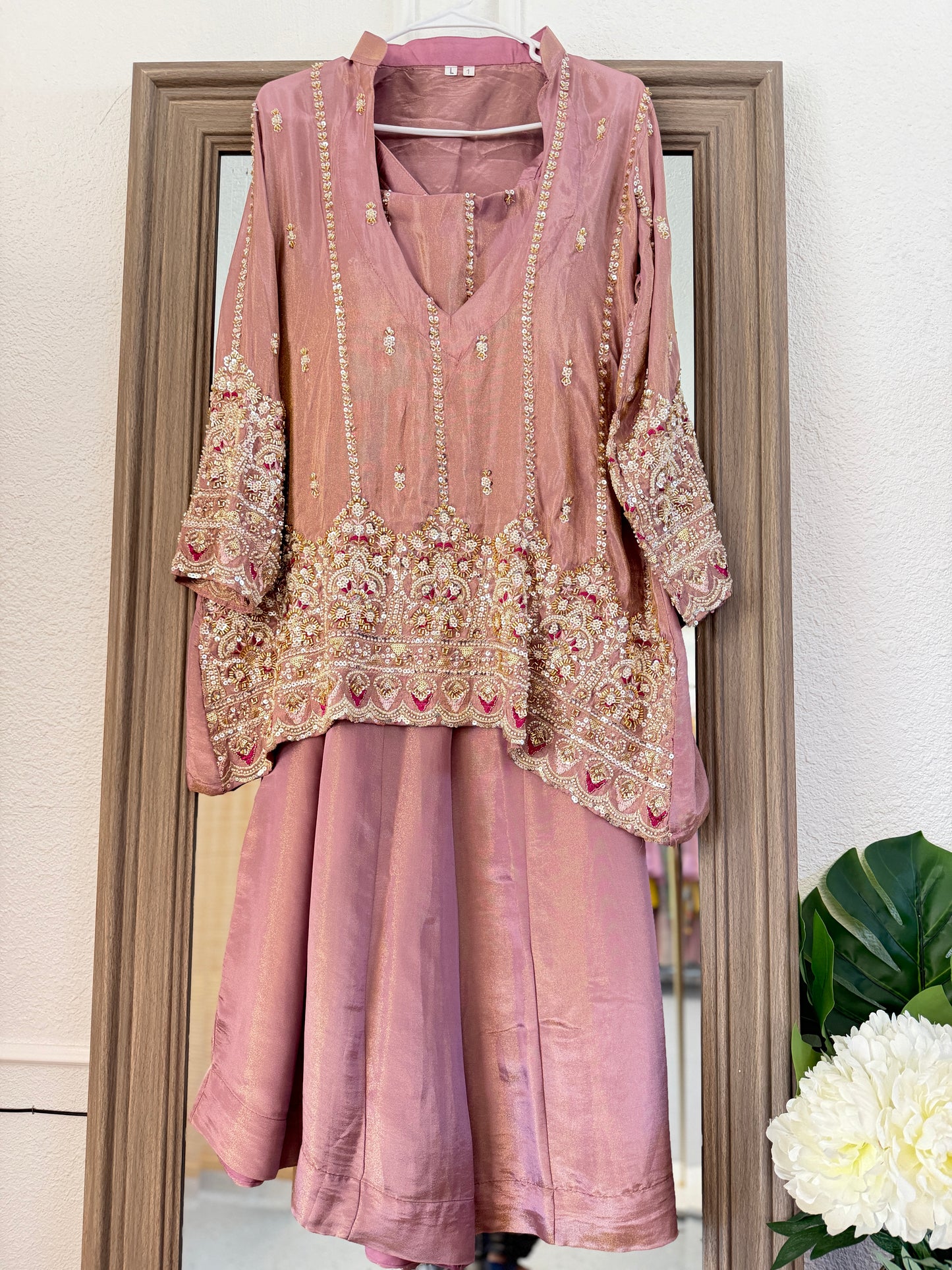 Onion pink tissue heavy handwork bustier style co-ord set