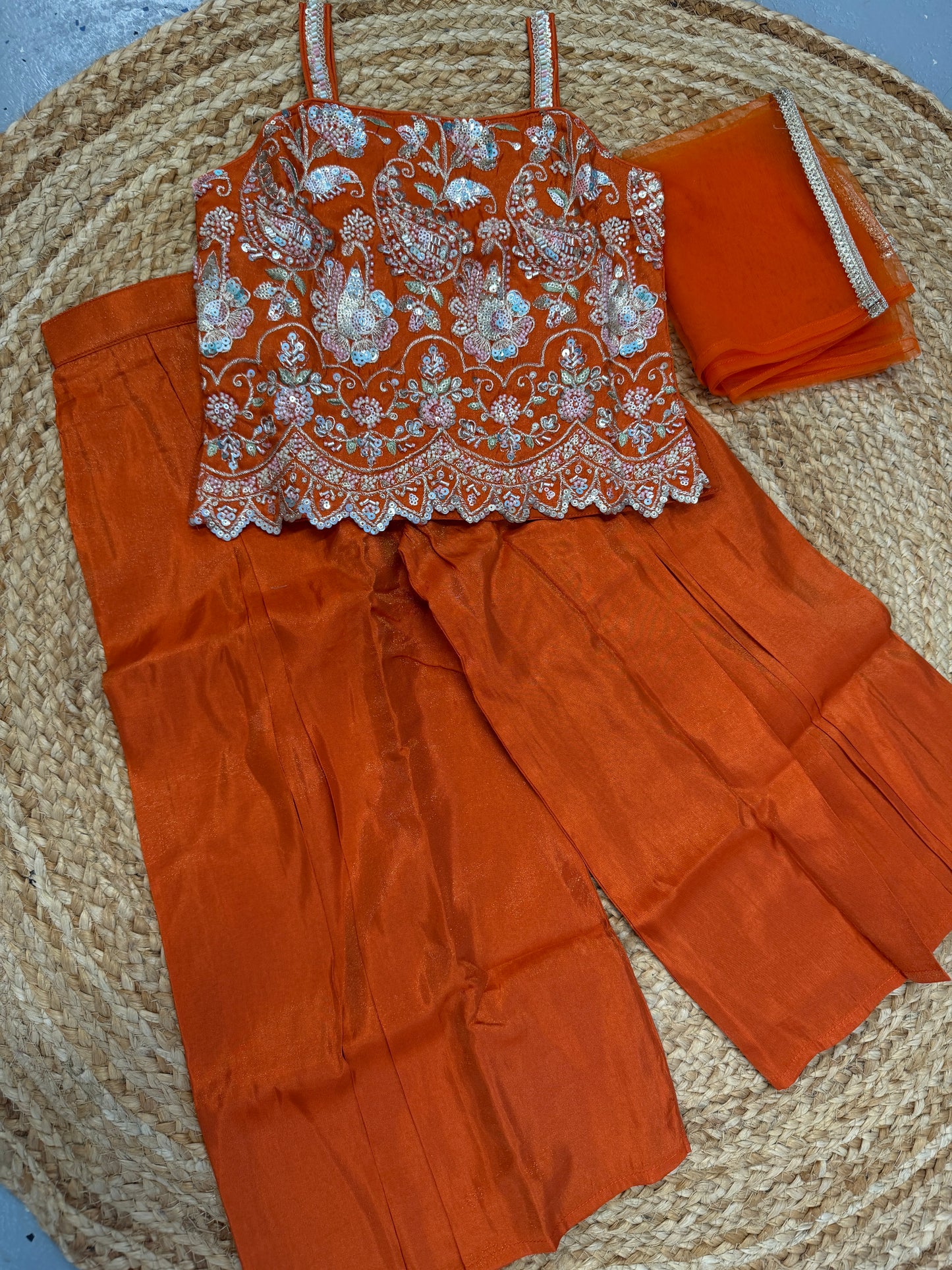 Kids girls burnt orange handwork short top palazzo dupatta