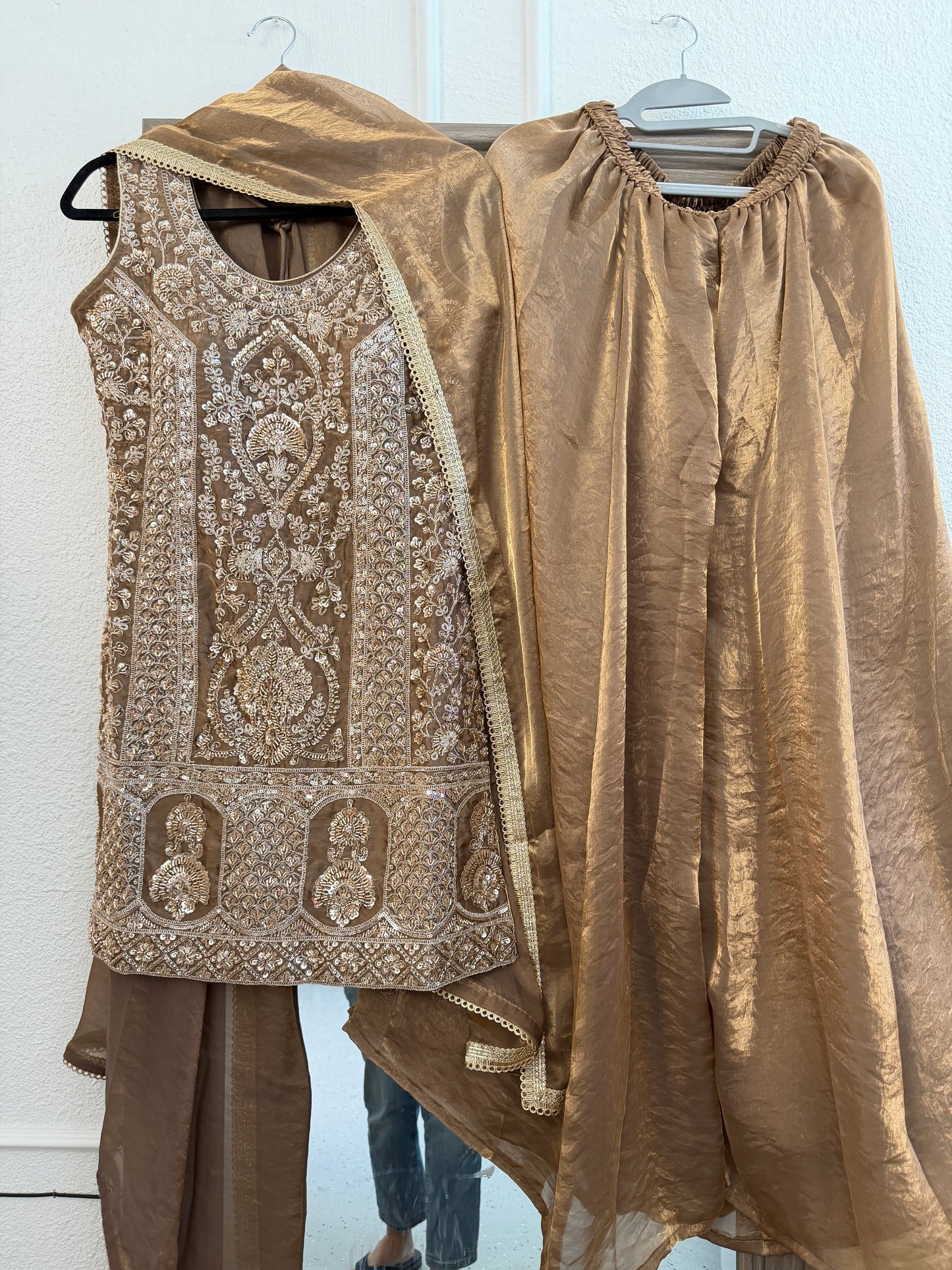 Brown heavy handwork fendy silk sharara suit