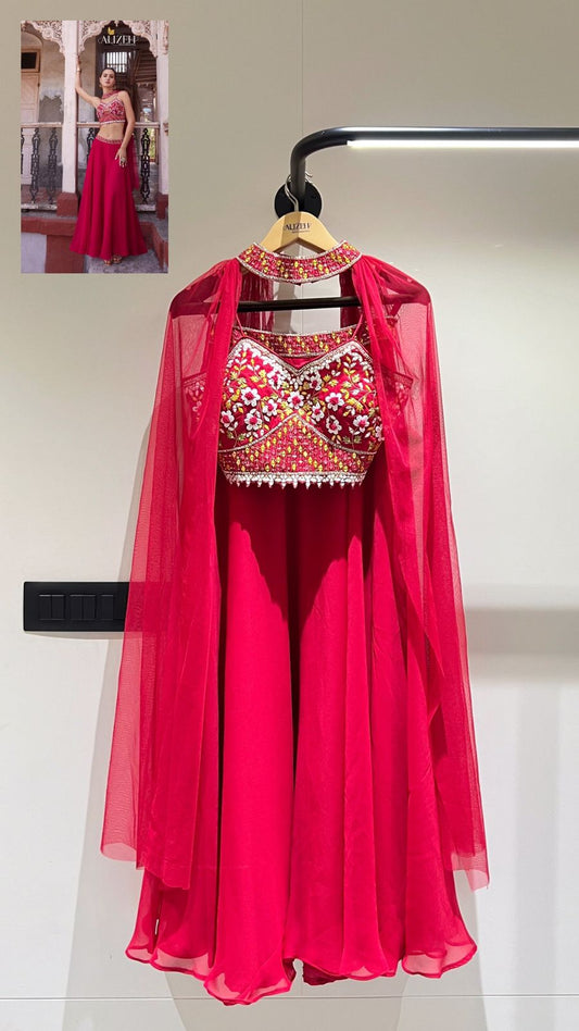 Red crop top with high neck shrug indo western