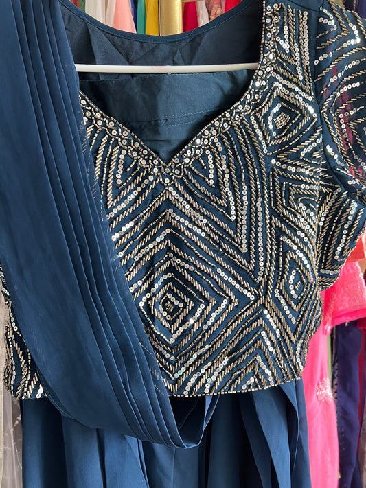 Teal heavy sequin work predraped ready to wear saree