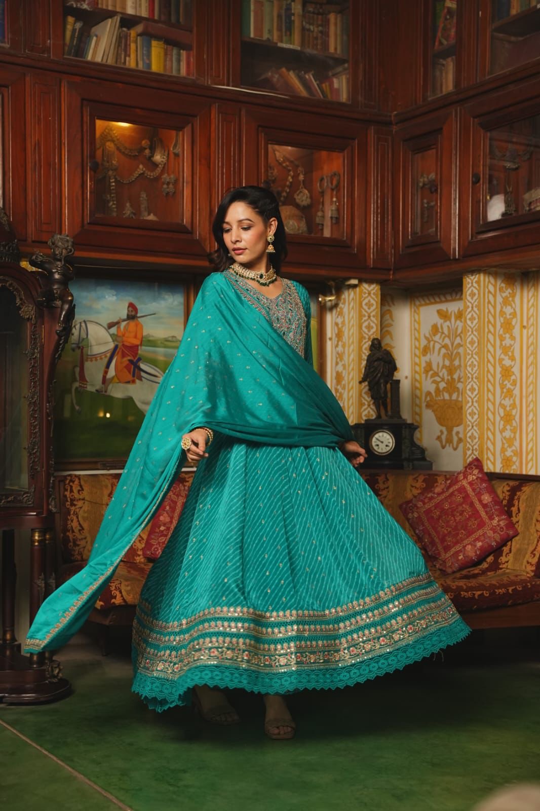 Teal premium chinnon silk anarkali suit with heavy work