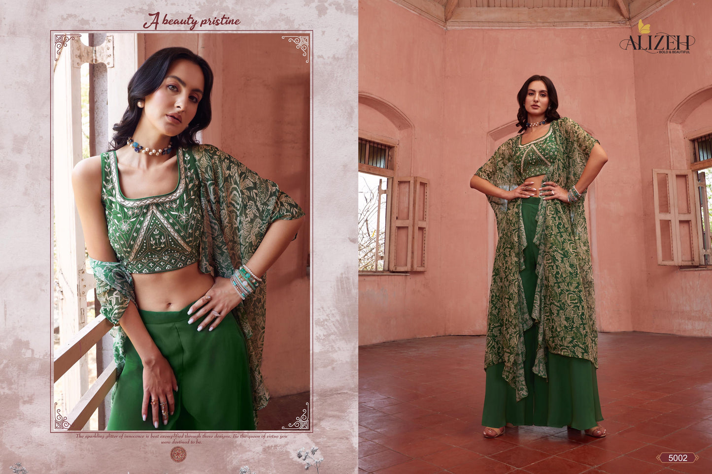 Green crop top palazzo with shrug indo western