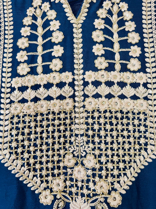 Navy Blue Chinnon Heavy handwork Sharara Suit