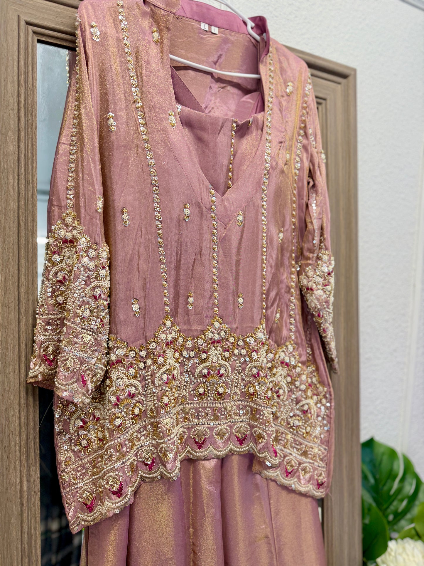 Onion pink tissue heavy handwork bustier style co-ord set