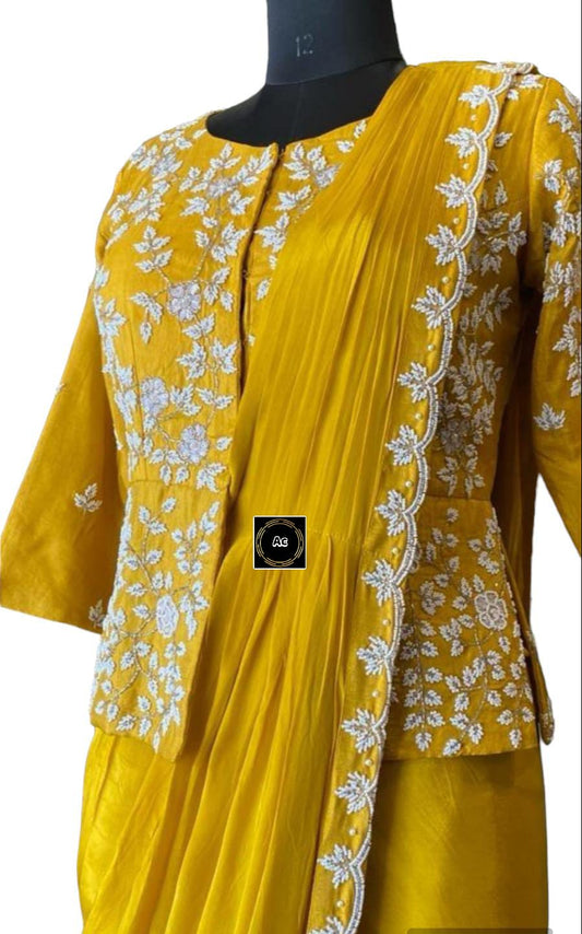 Yellow heavy handwork predraped saree