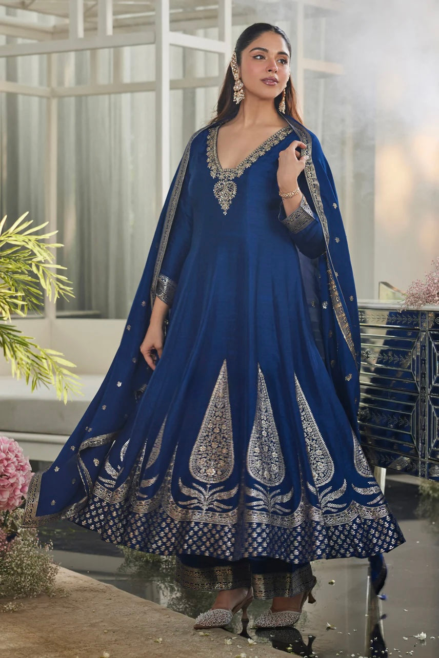 Royal blue elegant handwork silk anarkali kurta set