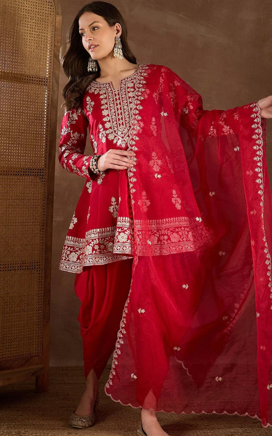 Red embroidered partywear short anarkali and dhoti set