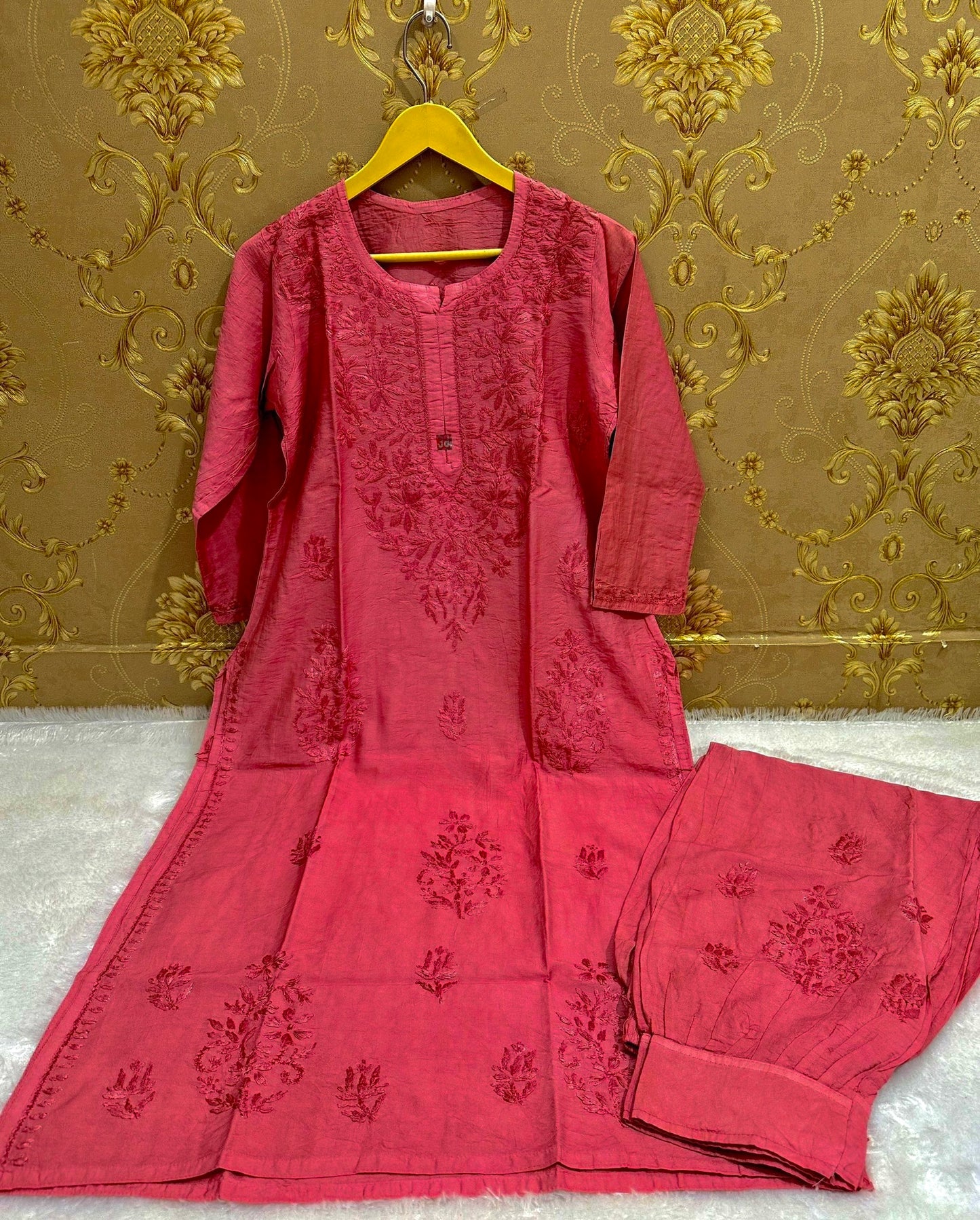 Red chikankari chanderi kurta and afghani pant set