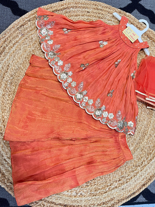 Rust Orange pure shimmer tissue divider sharara suit