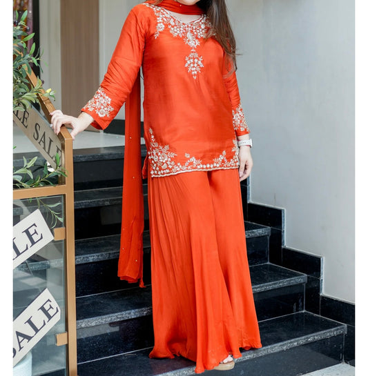 Rust orange Pure dola silk heavy handwork sharara suit