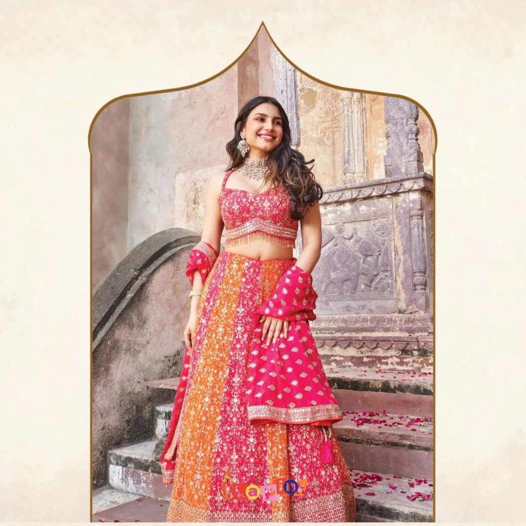 Red and orange heavy work formal partywear lehenga