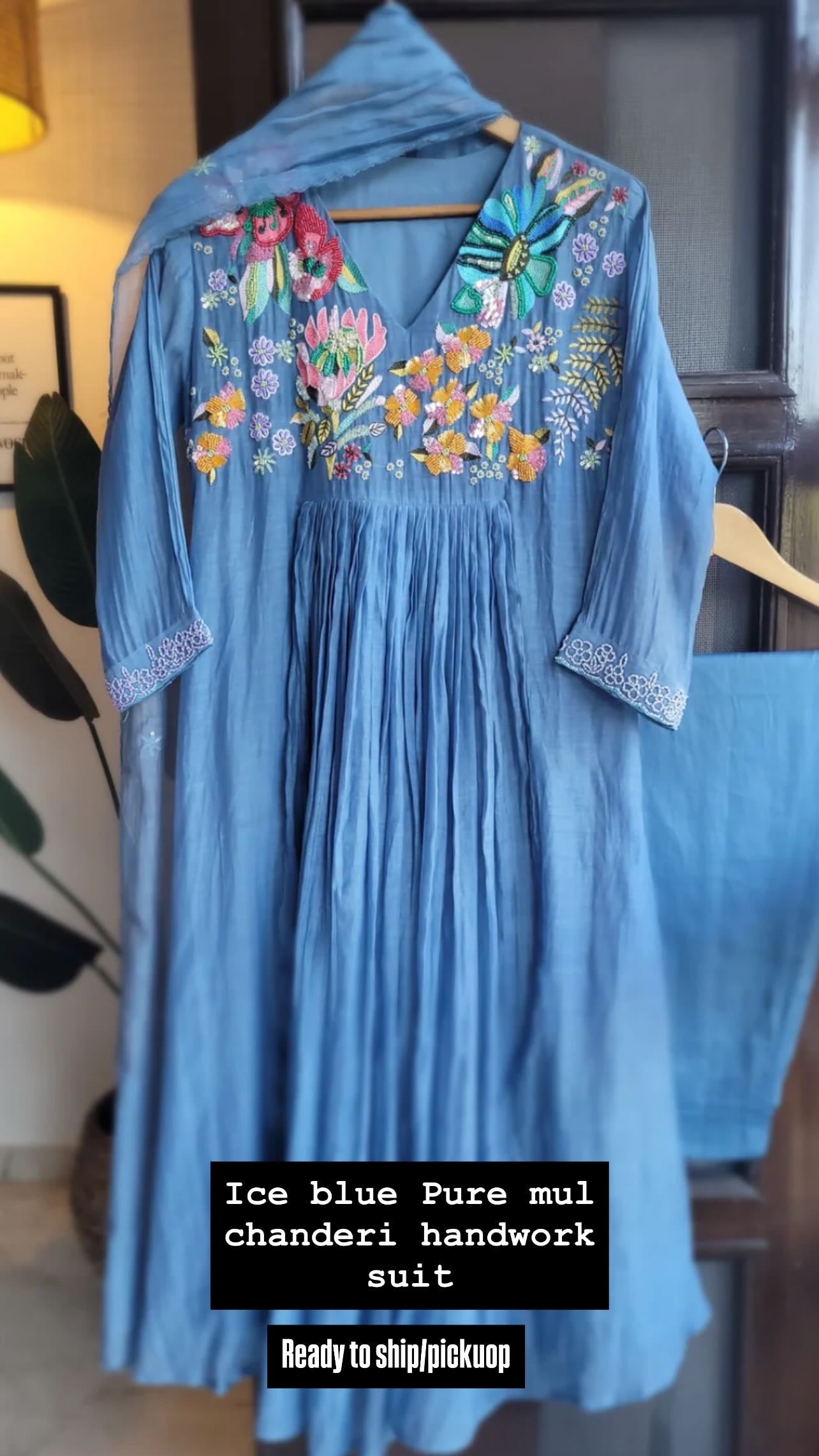 Ice blue pure mul chanderi elegant heavy handwork suit