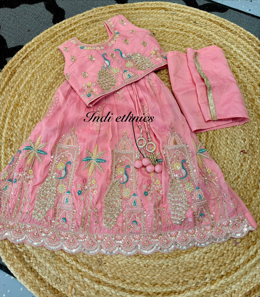 Kids Peachish pink handwork lehenga