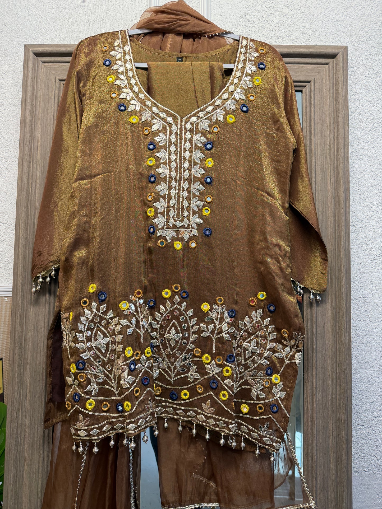 Brown shimmer tissue short top palazzo suit