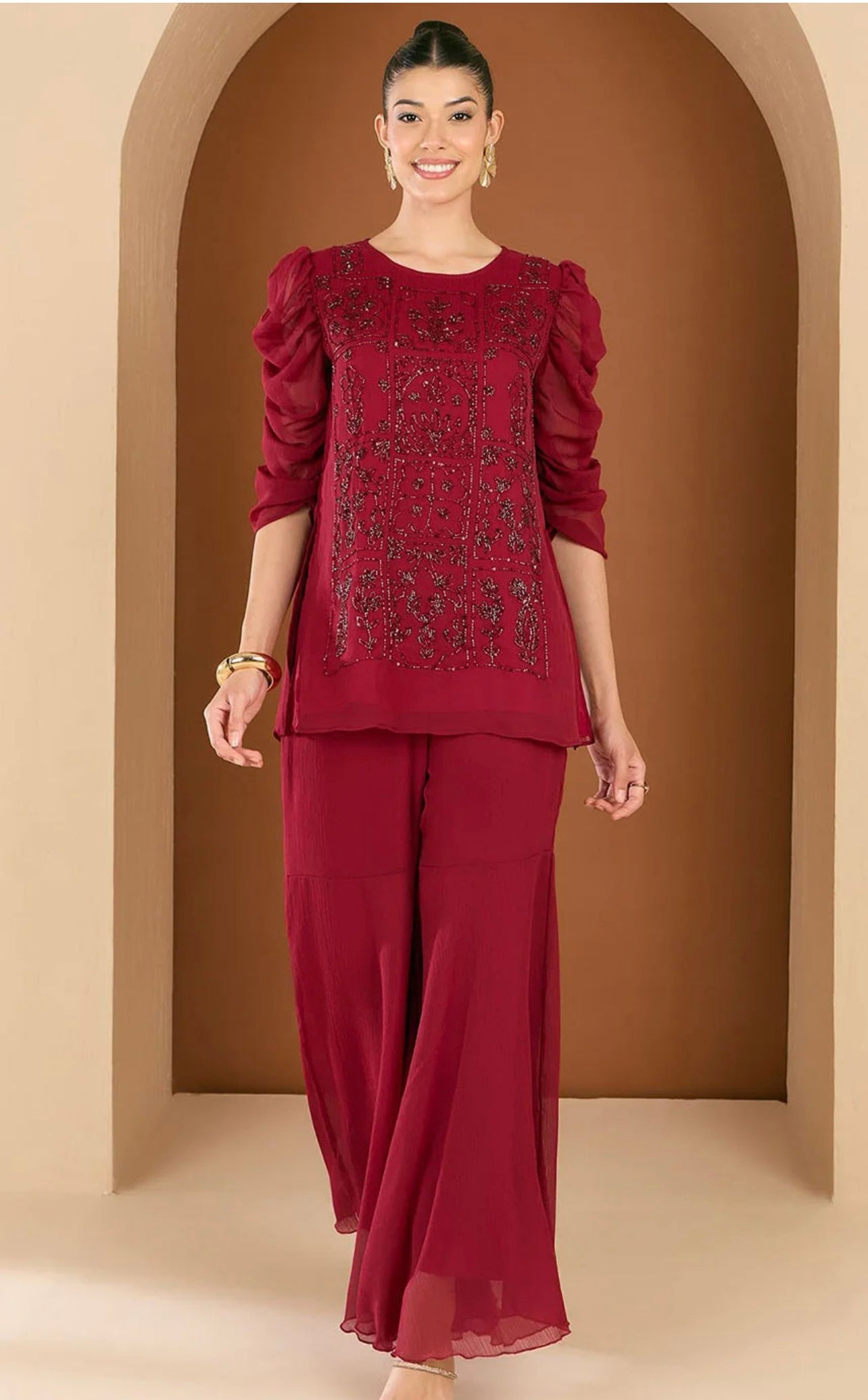 Maroon heavy handwork chiffon sharara co-ord set ( No dupatta)