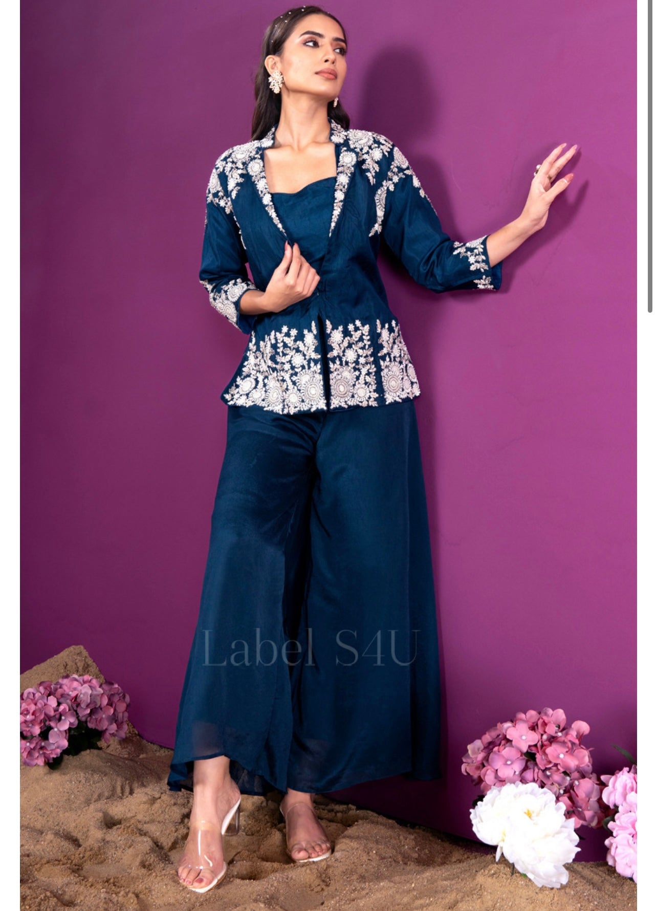 Navy blue heavy embroidered co-ord set