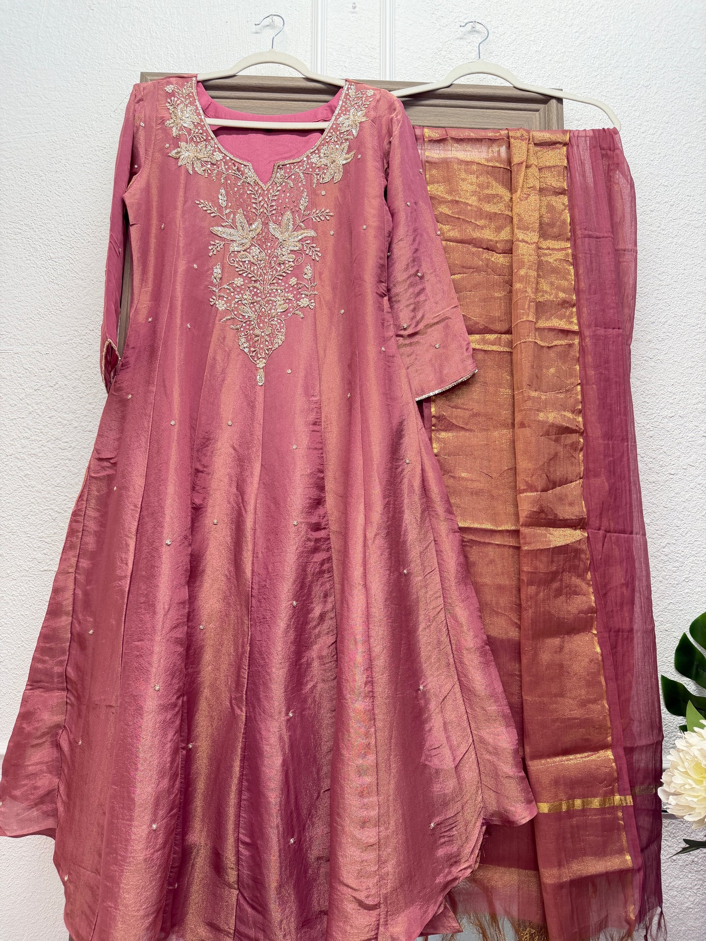 Pink super elegant handwork tissue anarkali kurta set