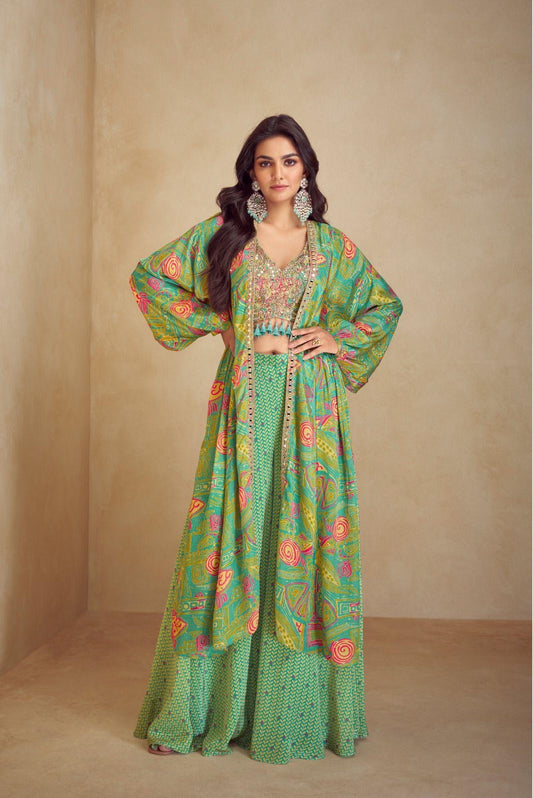 Green crop top divider pants shrug set