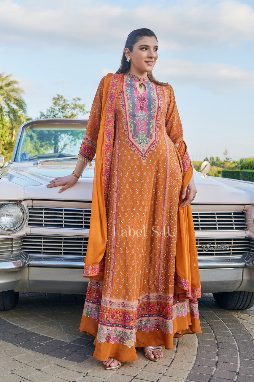 Orange crepe high neck long suit