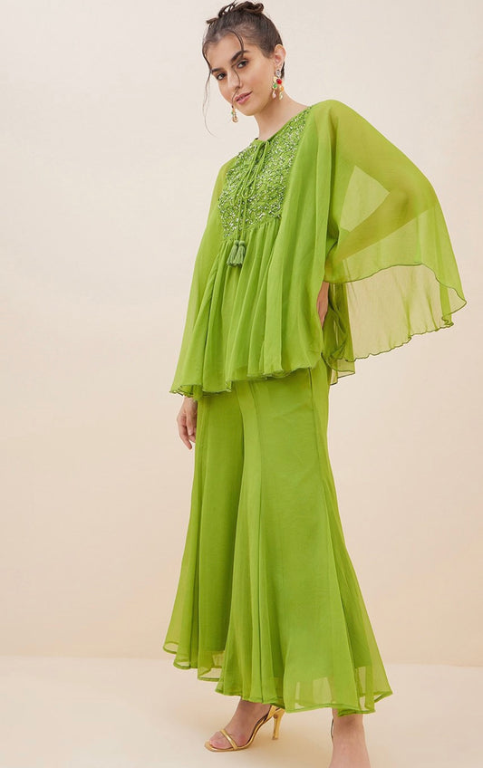 Parrot green stylish handwork kaftan co-ord set