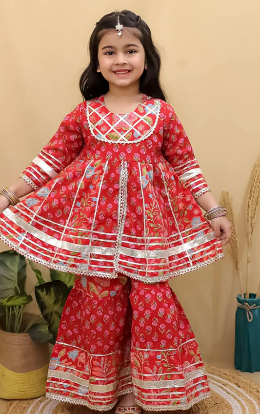 Girls Red pure cotton jaipuri sharara suit