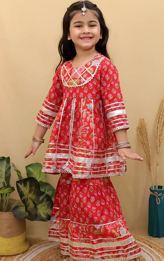 Girls Red pure cotton jaipuri sharara suit