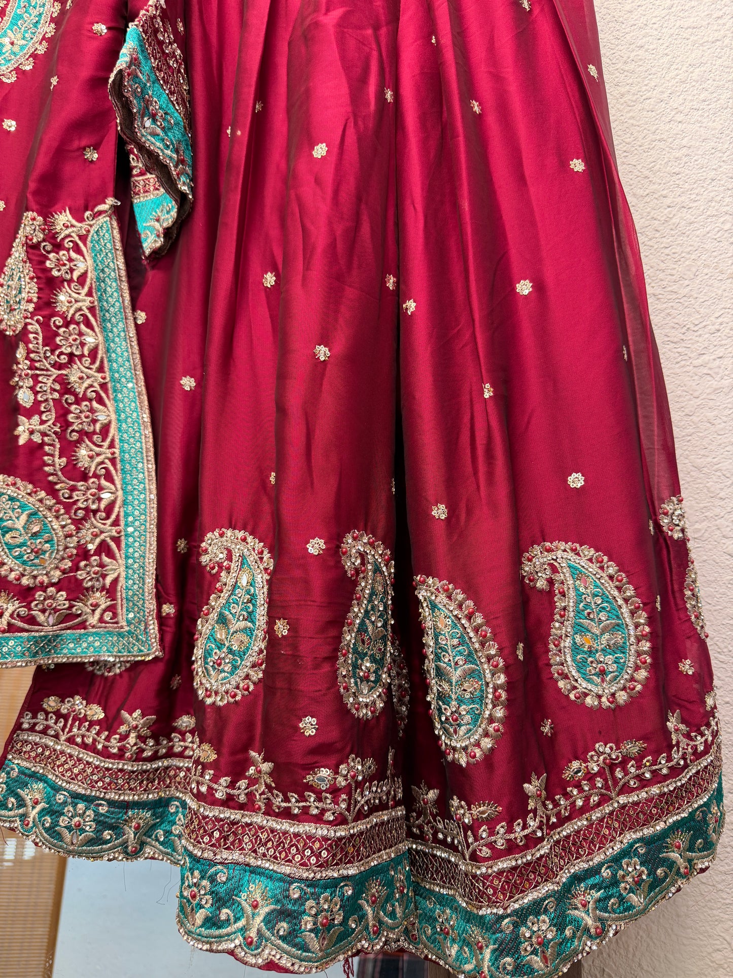 Red maroon heavy partywear sharara suit (fully lined)