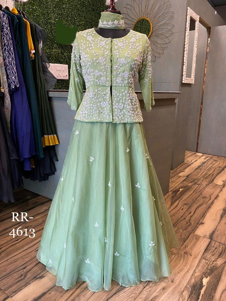 Light Green hevay handwork short top skirt and dupatta set