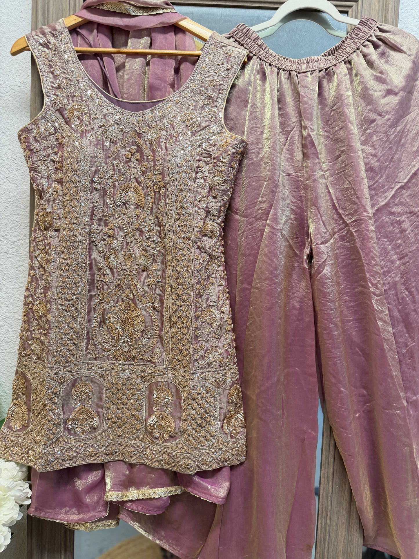 Purple heavy handwork partywear sharara suit (sleeve cloth given)