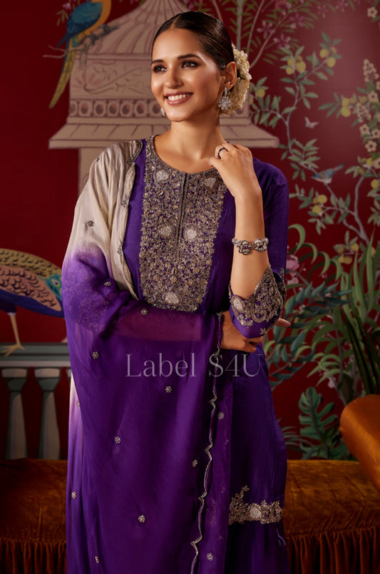 Purple elegant heavy handwork sharara set