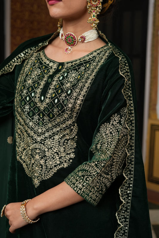 Green heavy embroidery sequence and mirror yoke velvet kurta set