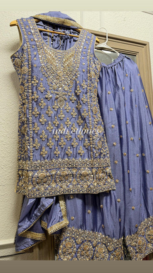 Lavender heavy handwork sharara suit (sleeve cloth given)