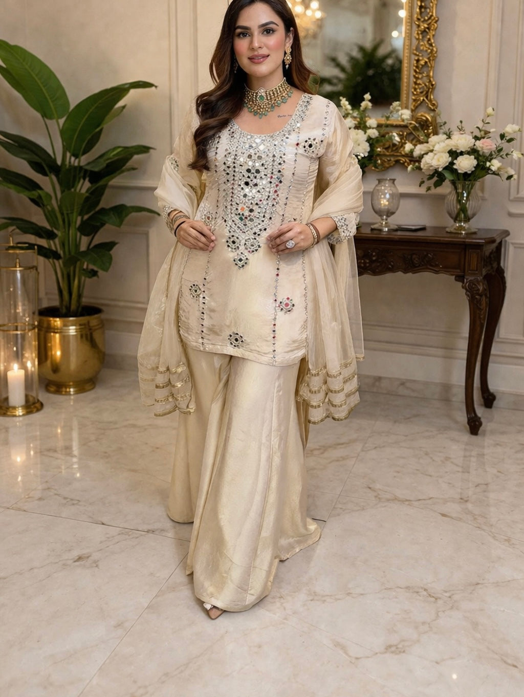 Off white beige elegant heavy real mirror work sharara suit