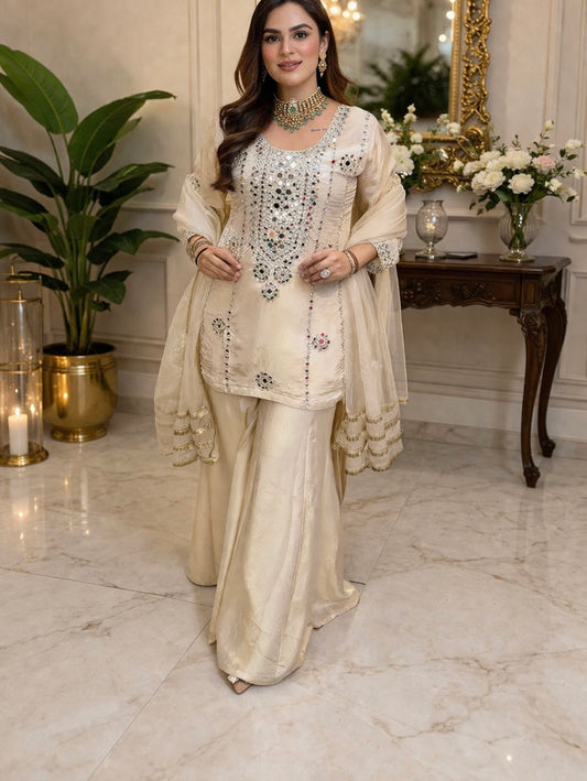 White elegant heavy mirror work sharara suit