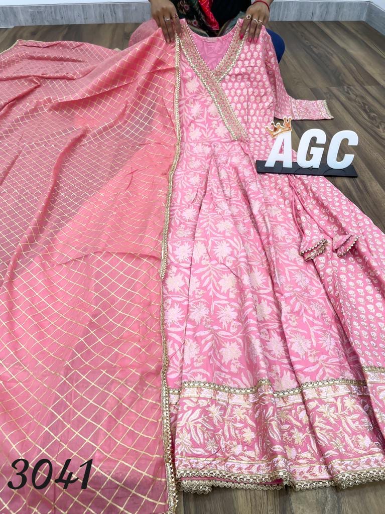 Plus size pinkish peach anarkali kurta and dupatta set