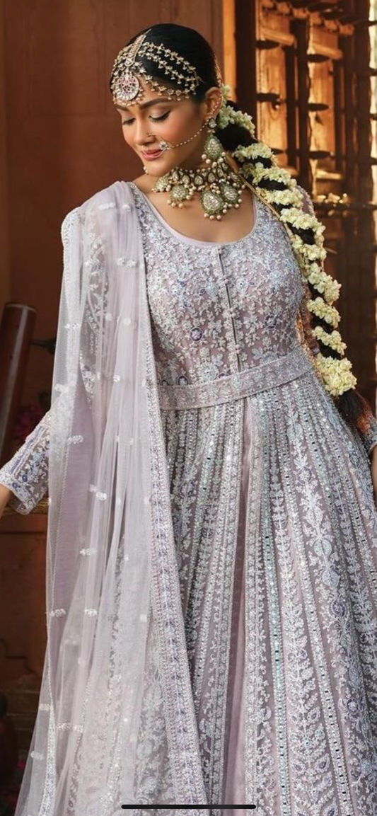 Stunning Lavender heavy handwork front slit pastel lehenga