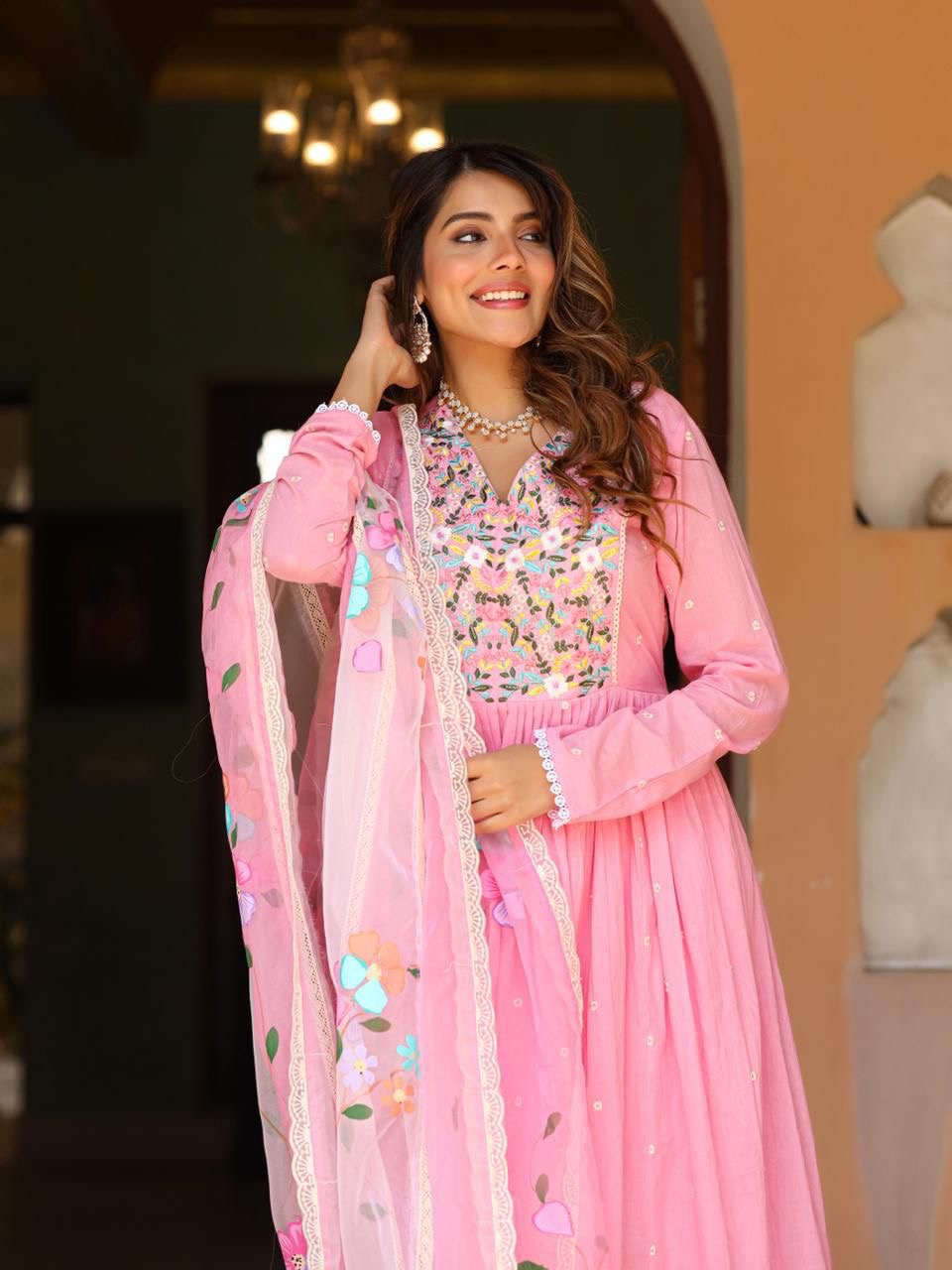 Pink beautiful embroidered suit with hand painted dupatta