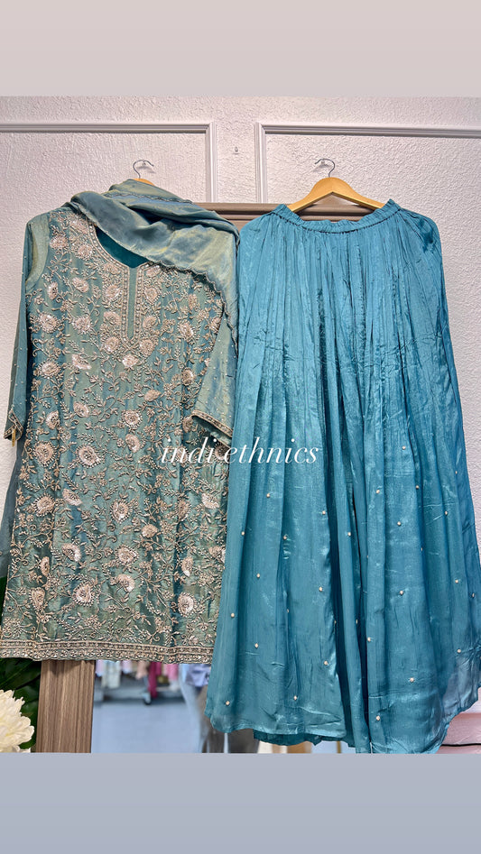 Ice blue pure shimmer tissue heavy handwork divider sharara suit partywear wedding wear