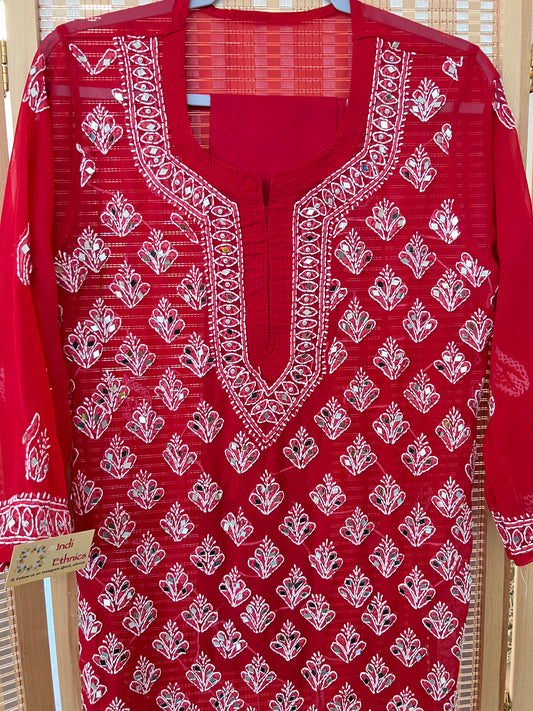 Red chikankari mirror work kurti with lining