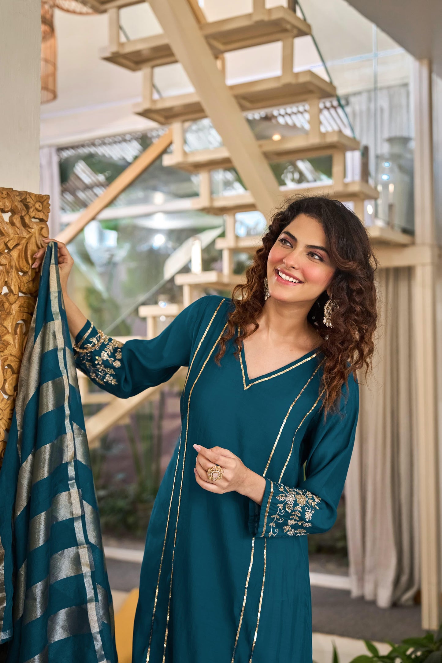 Teal pure mul chanderi handwork suit with tissue dupatta