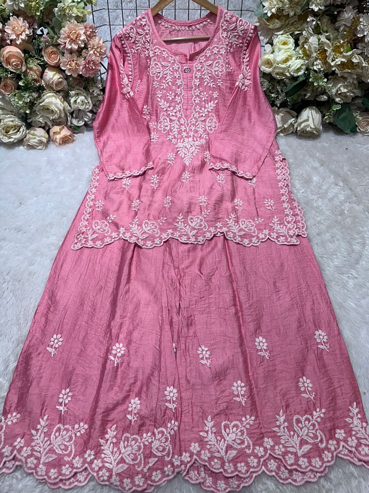 Pink elegant chanderi short top palazzo set