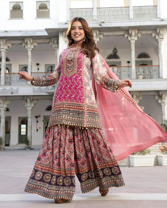 Pink pure crepe peplum stylish sharara set