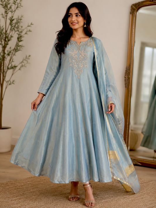 Aqua blue super elegant handwork tissue anarkali kurta set